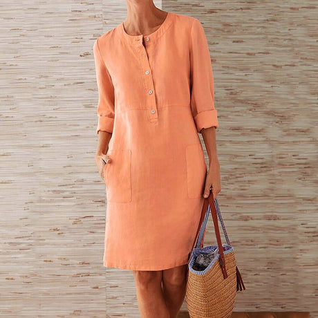 Linen Summer Shift Dress  Button-Front Roll-Up Sleeves - Product detail 9