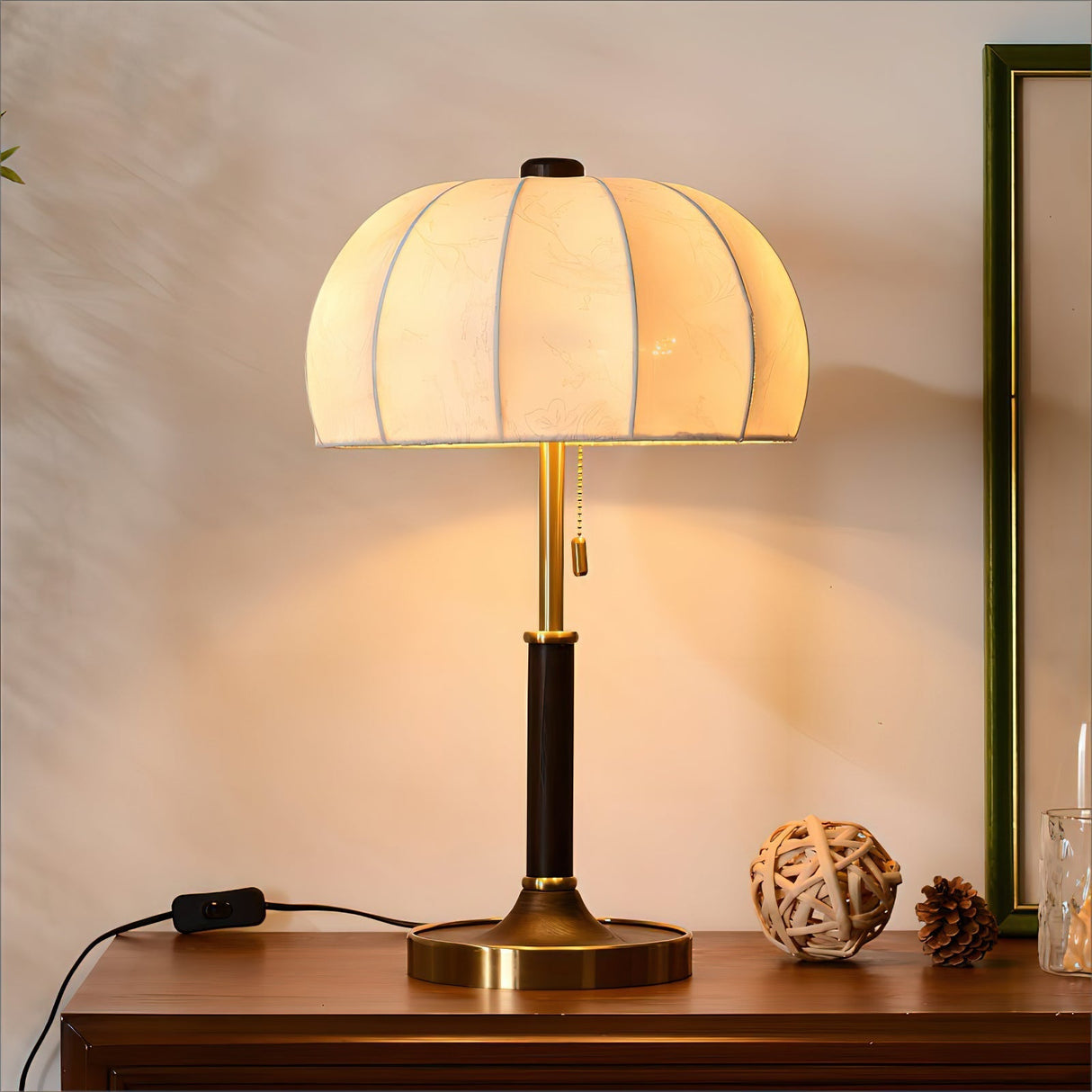 Modern Table Lamp  Cream Fabric Shade with Brass Base - Detailed view