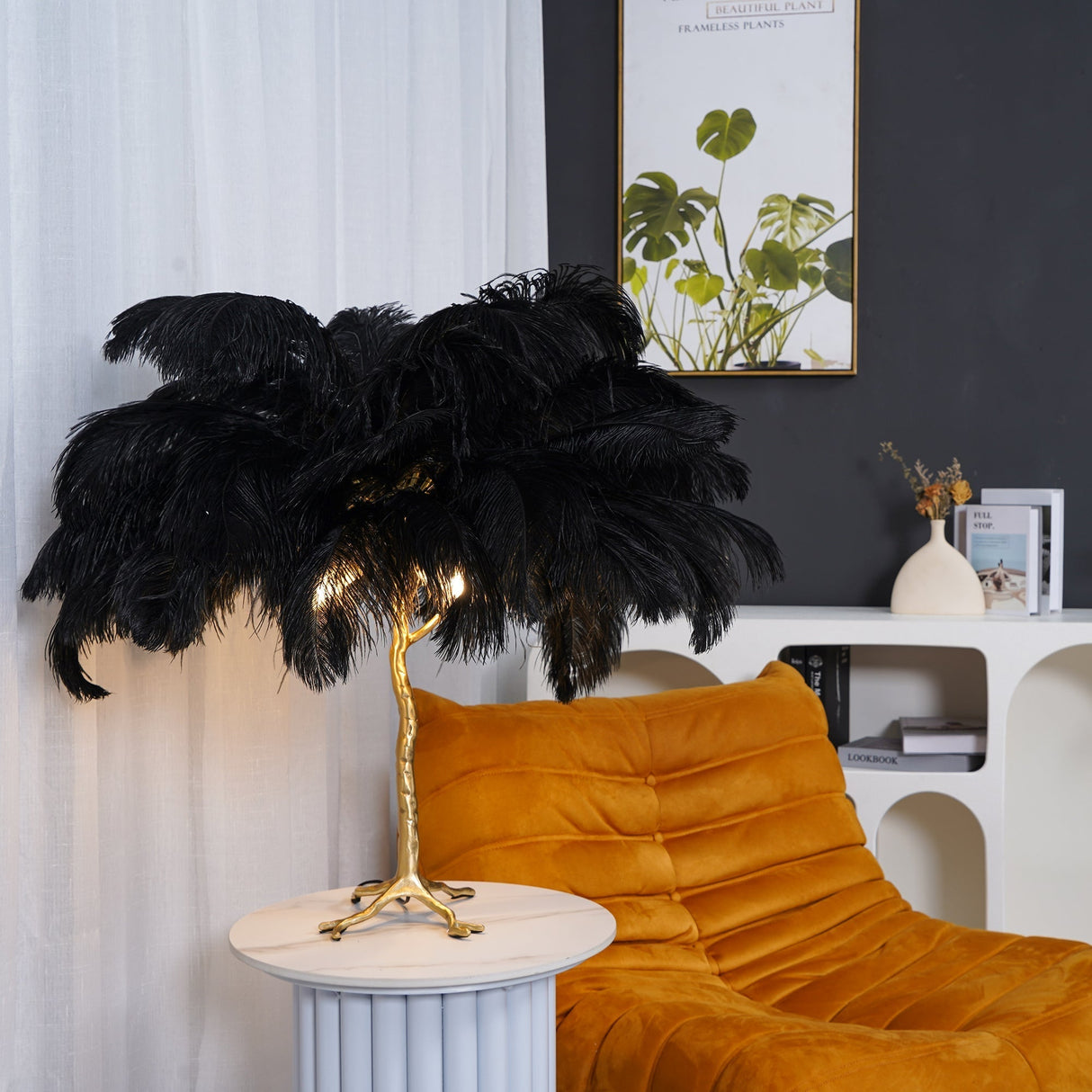 Feather Table Lamp  Gold Base with Pink Ostrich Plumes - Product detail 11