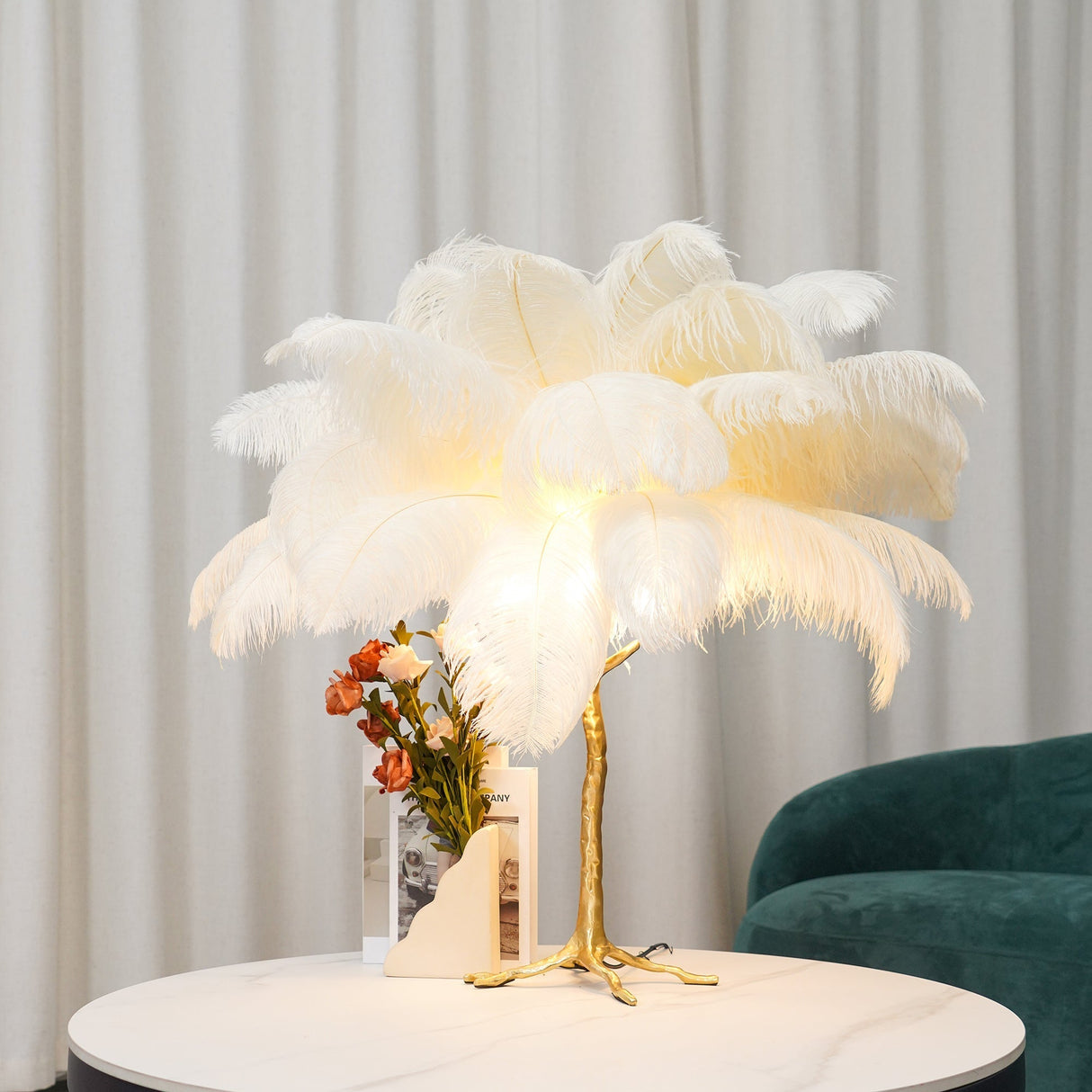 Feather Table Lamp  Gold Base with Pink Ostrich Plumes - Product detail 17