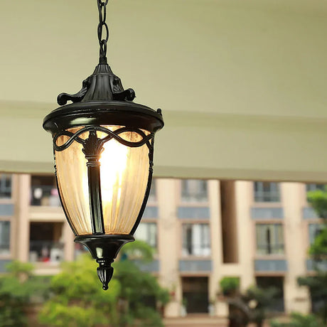 Victorian Outdoor Pendant Light  Black Metal Glass Lantern - Product showcase