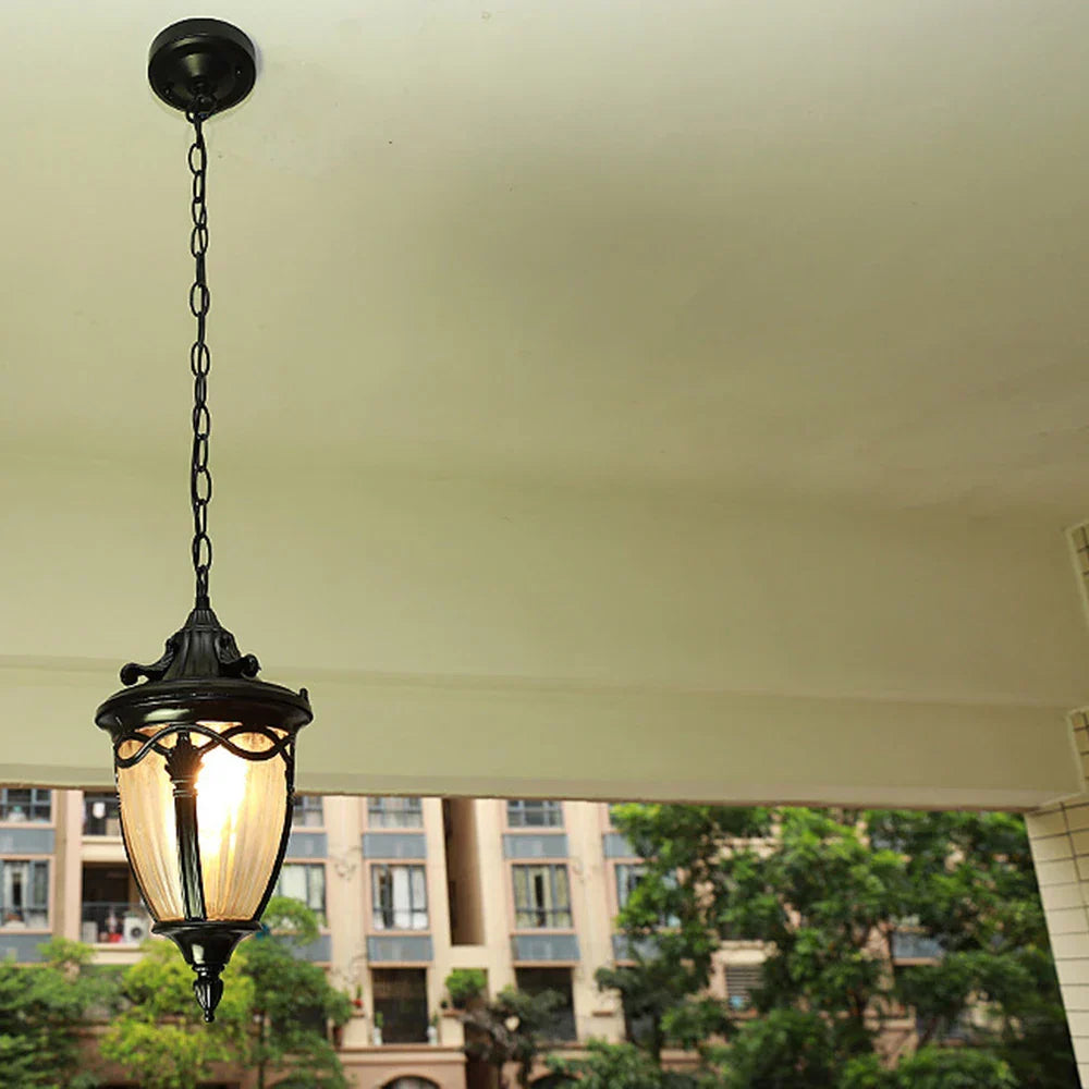 Victorian Outdoor Pendant Light  Black Metal Glass Lantern - Product example