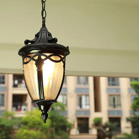 Victorian Outdoor Pendant Light  Black Metal Glass Lantern - Product showcase