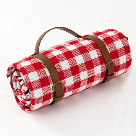 Classic Picnic Blanket  Red Gingham Pattern With Leather Straps - Product showcase