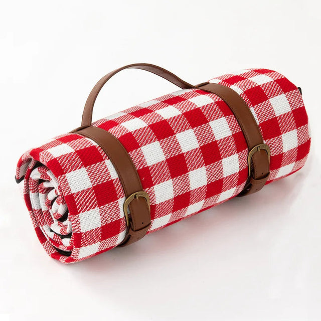 Classic Picnic Blanket  Red Gingham Pattern With Leather Straps - Product showcase