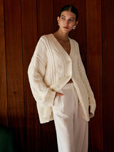 Oversized Cable Knit Cardigan  Cream Cotton Blend V-Neck - Product detail 4