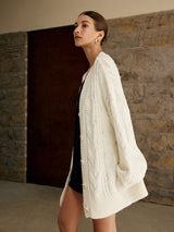 Oversized Cable Knit Cardigan  Cream Cotton Blend V-Neck - Product detail 6
