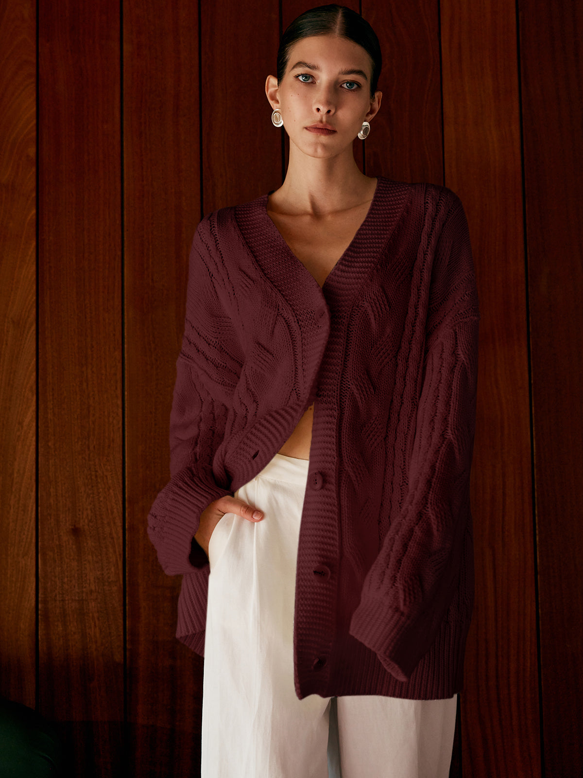 Oversized Cable Knit Cardigan  Cream Cotton Blend V-Neck - Product detail 8