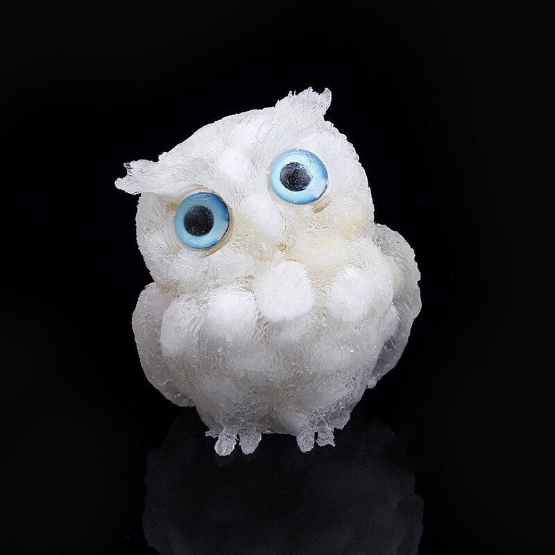 Natural Crystal Owl Figurine  Handcrafted Blue Agate Eyes - Product showcase