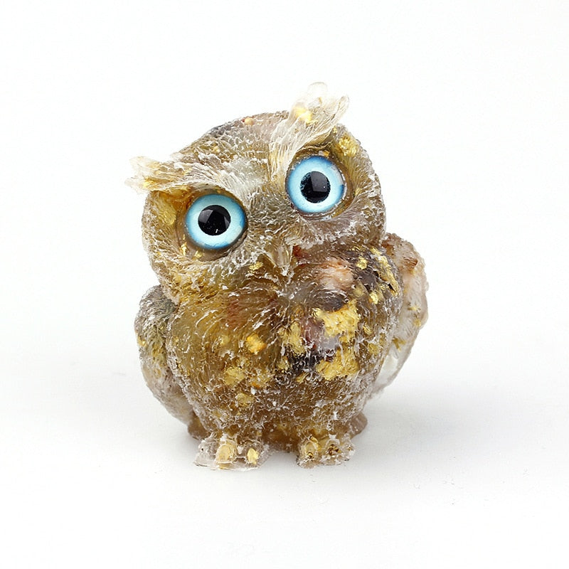 Natural Crystal Owl Figurine  Handcrafted Blue Agate Eyes - Detailed view