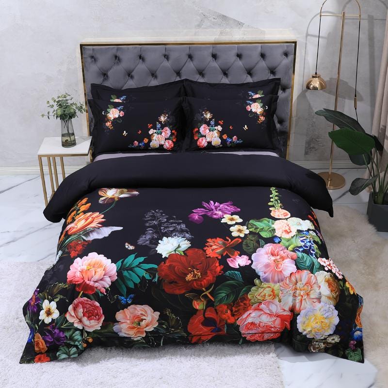Floral Cotton Bedding Set  Dark Botanical Print With Gold Accents - Product detail 10