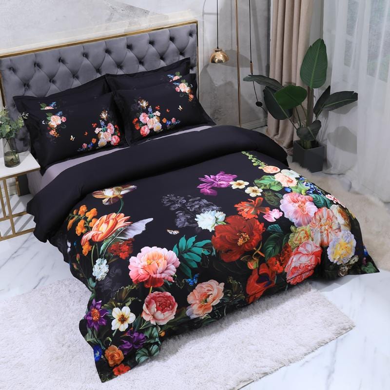Floral Cotton Bedding Set  Dark Botanical Print With Gold Accents - Product detail 9