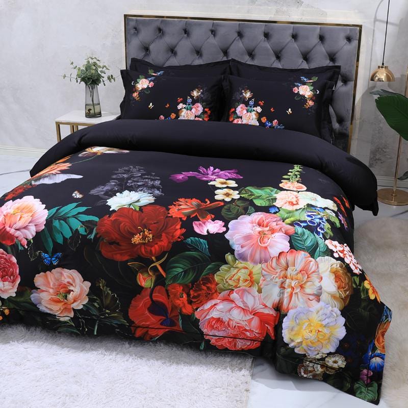 Floral Cotton Bedding Set  Dark Botanical Print With Gold Accents - Product detail 8
