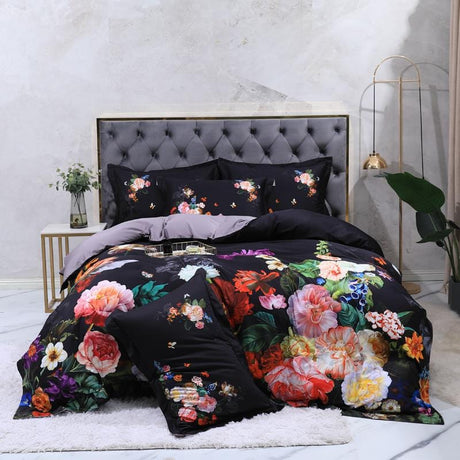 Floral Cotton Bedding Set  Dark Botanical Print With Gold Accents - Product showcase