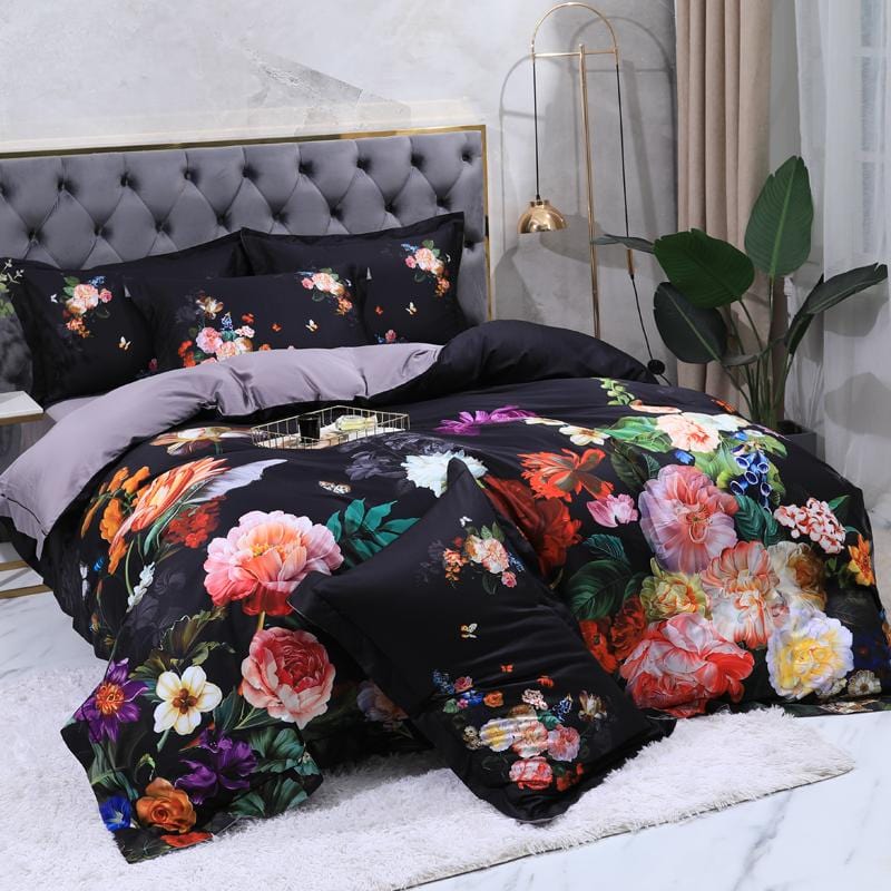 Floral Cotton Bedding Set  Dark Botanical Print With Gold Accents - Product detail 4