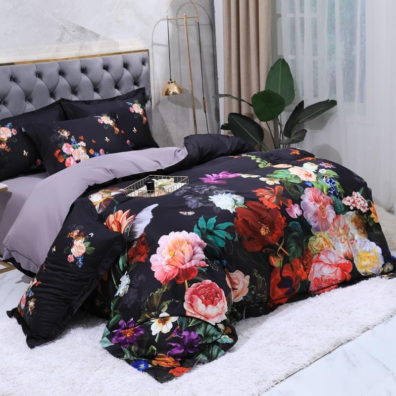 Floral Cotton Bedding Set  Dark Botanical Print With Gold Accents - Product example