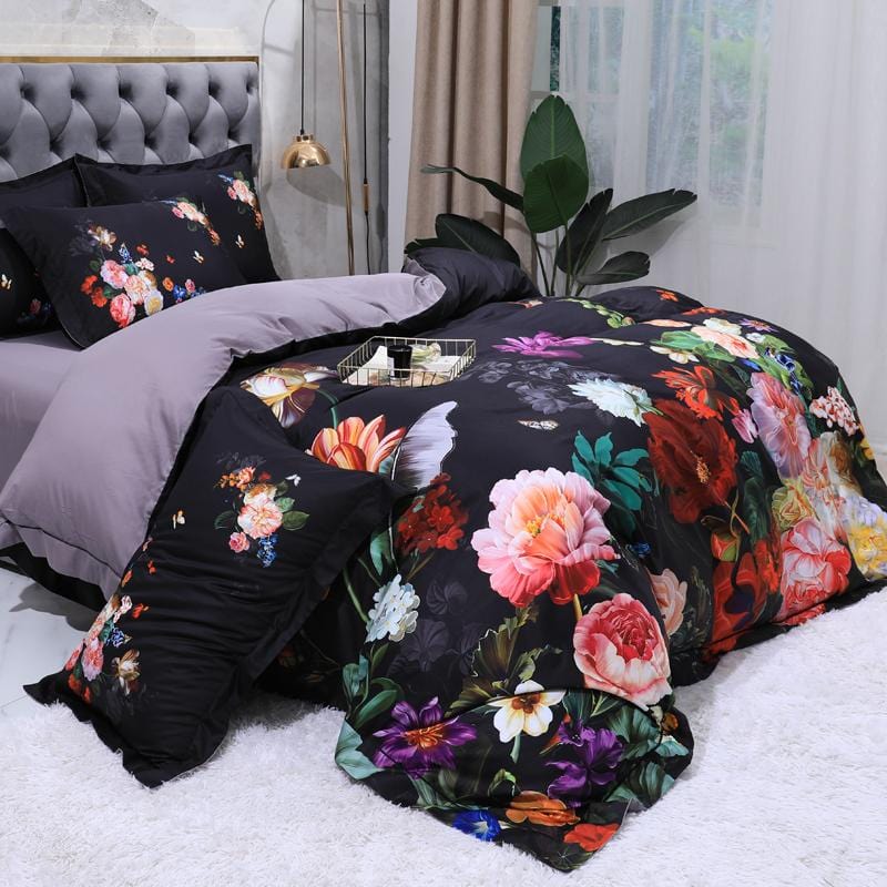 Floral Cotton Bedding Set  Dark Botanical Print With Gold Accents - Detailed view