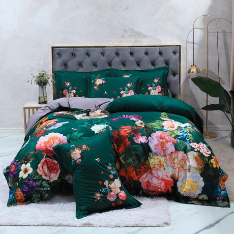 Floral Cotton Duvet Set  Emerald Garden Print Design - Product showcase