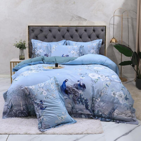 Egyptian Cotton Bedding Set  Blue Floral Peacock Design - Product showcase