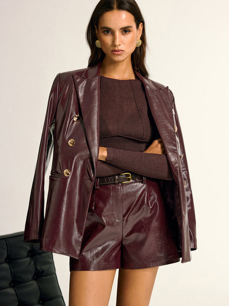 Womens Leather Blazer  Double-Breasted Burgundy Faux Leather - Product showcase