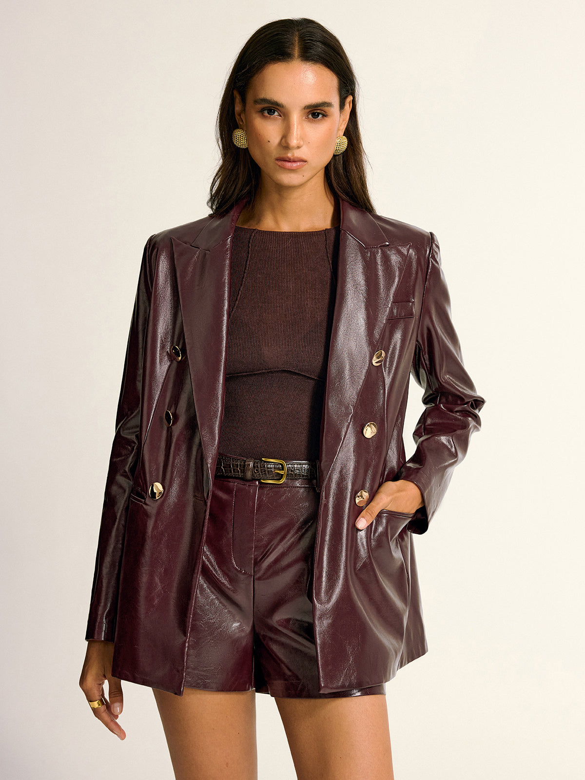 Womens Leather Blazer  Double-Breasted Burgundy Faux Leather - Detailed view