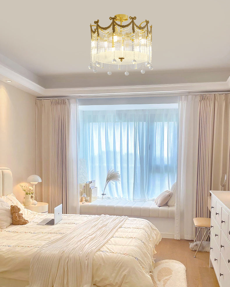French Crystal Ceiling Light  Brass Crown Design With Water Droplets - Product example