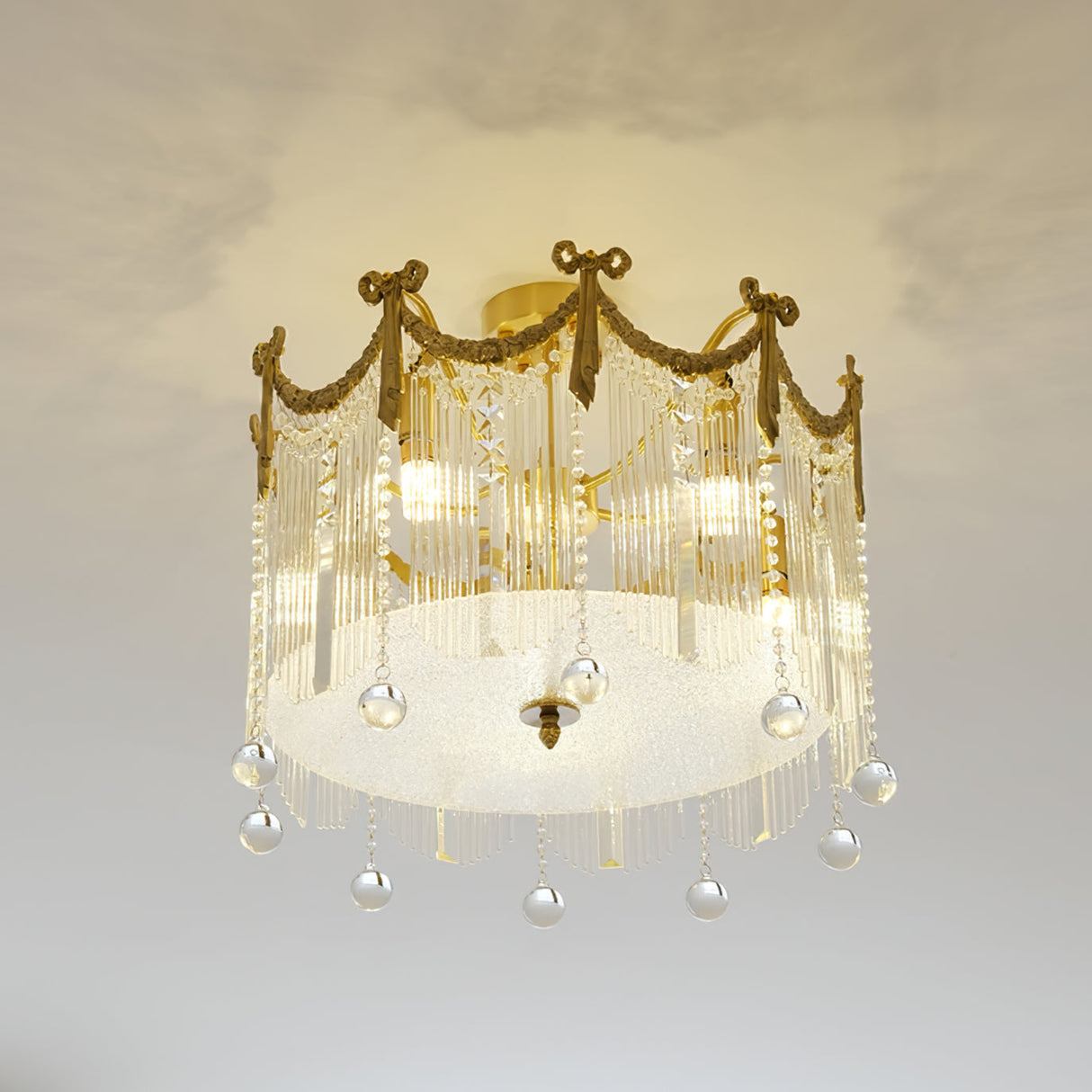 French Crystal Ceiling Light  Brass Crown Design With Water Droplets - Product detail 12