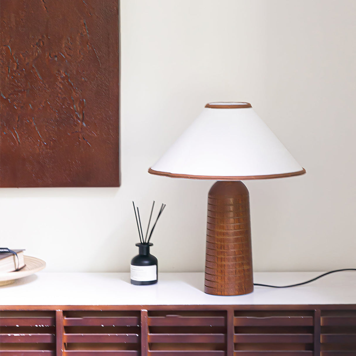 Retro Table Lamp  Solid Wood Base With White Shade - Detailed view