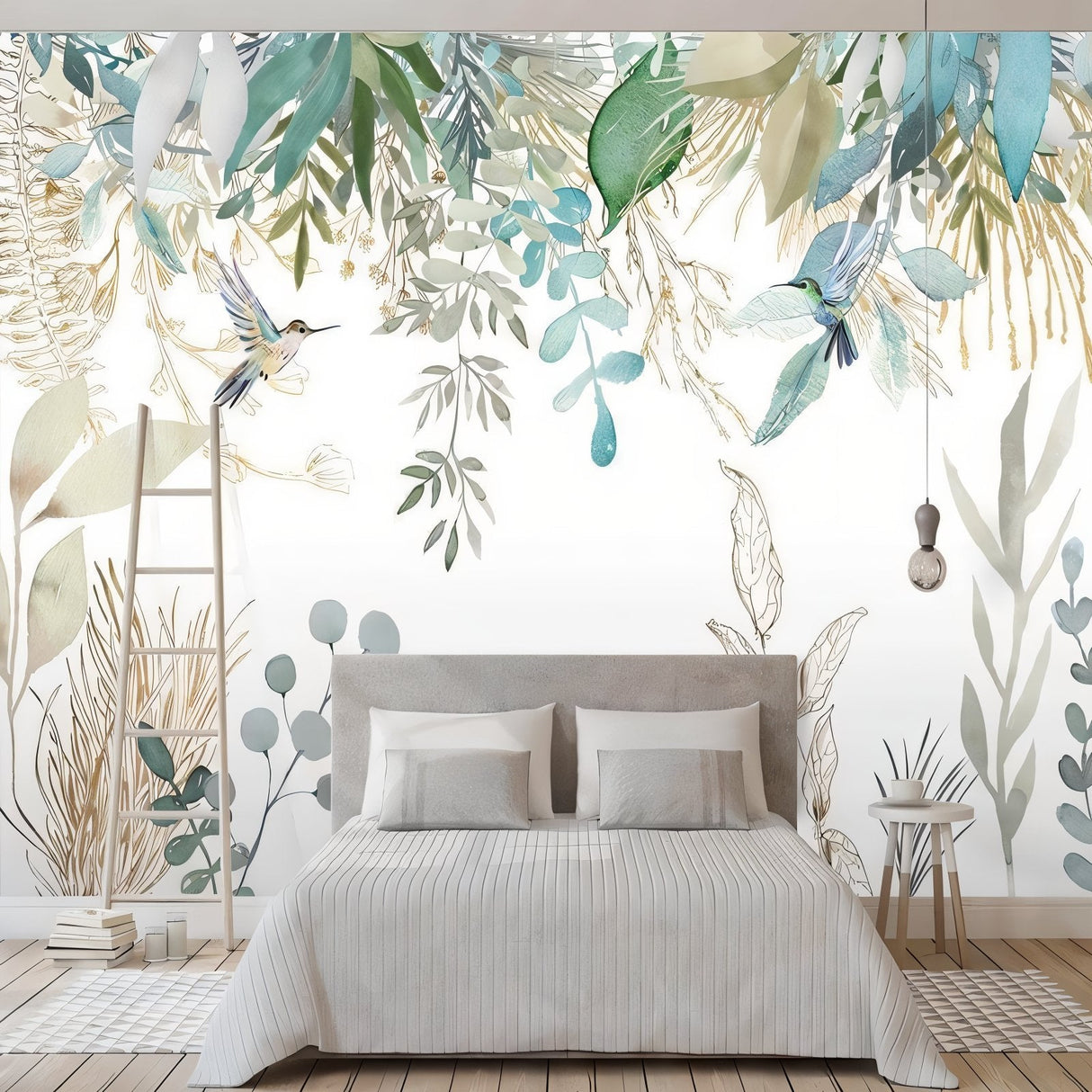Botanical Mural Wallpaper | Watercolor Birds and Foliage