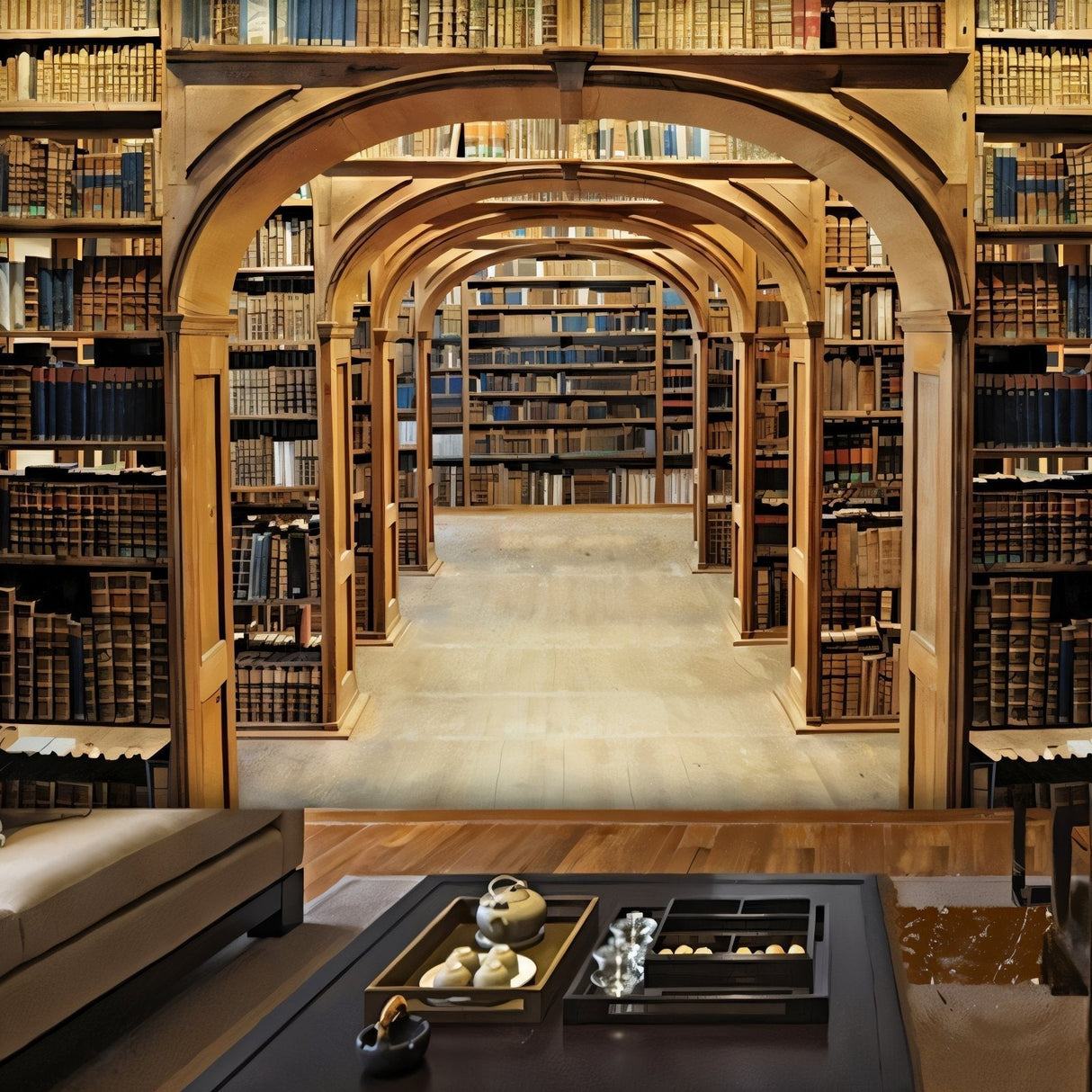 Library Mural Wallpaper | Vintage Wooden Arches Design