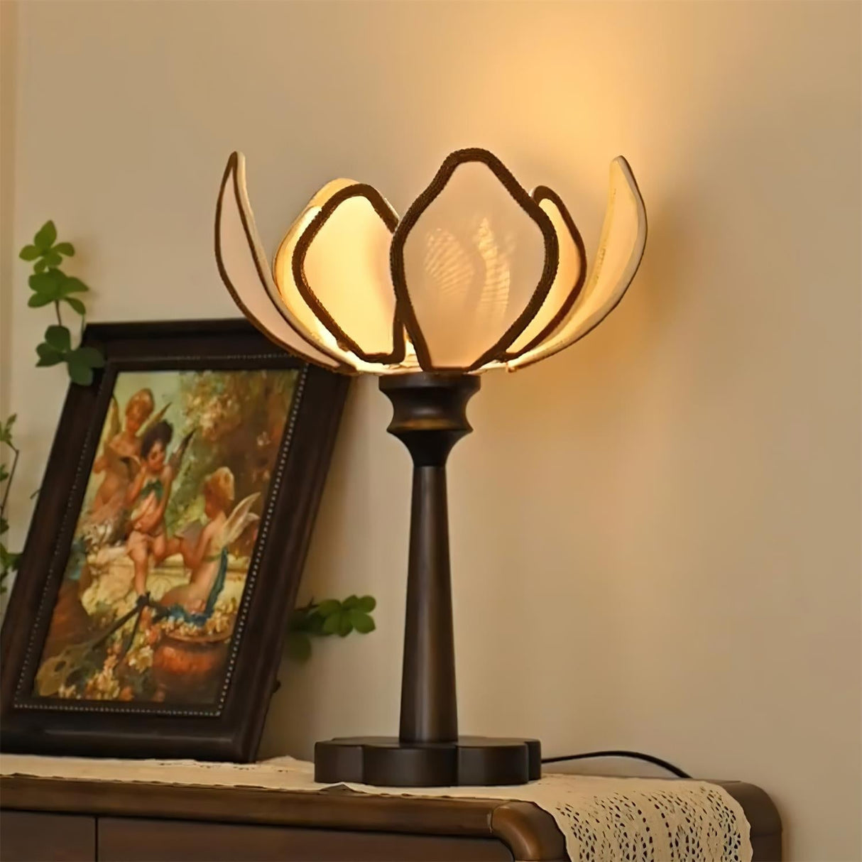 Floral Table Lamp  Petal Shade Design With Wooden Base - Product example