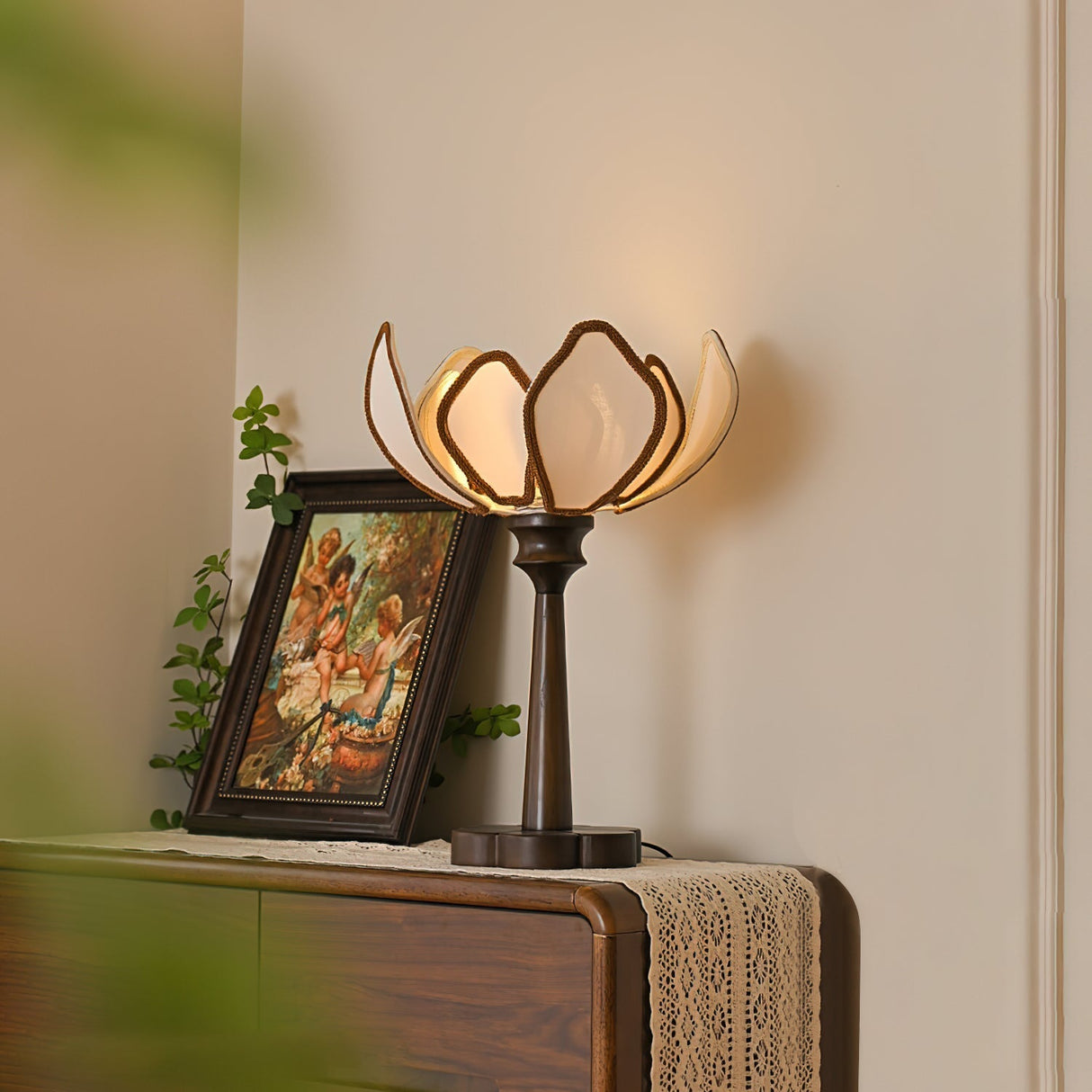 Floral Table Lamp  Petal Shade Design With Wooden Base - Detailed view