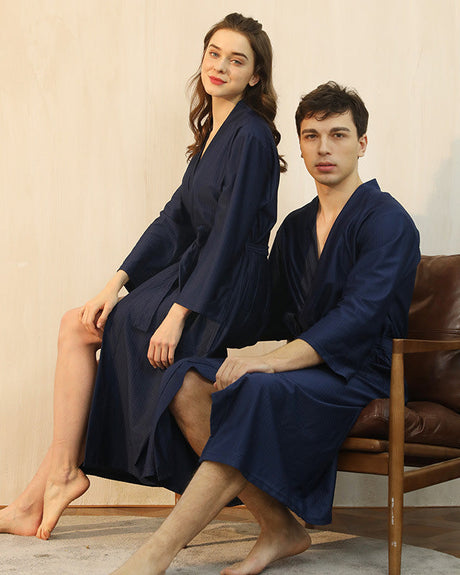 Bamboo Waffle Robe  Navy Blue Spa Bath Wrap - Detailed view