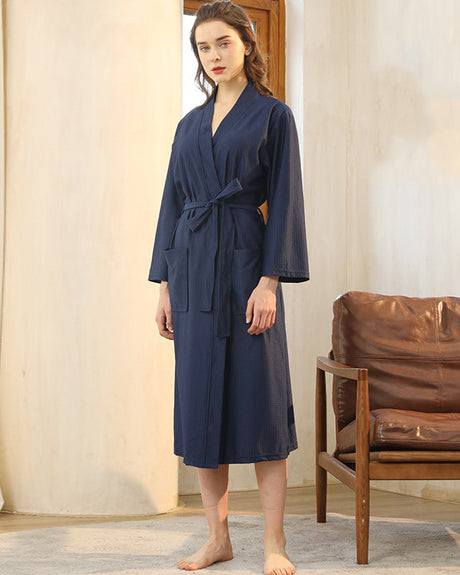 Bamboo Waffle Robe  Navy Blue Spa Bath Wrap - Product showcase