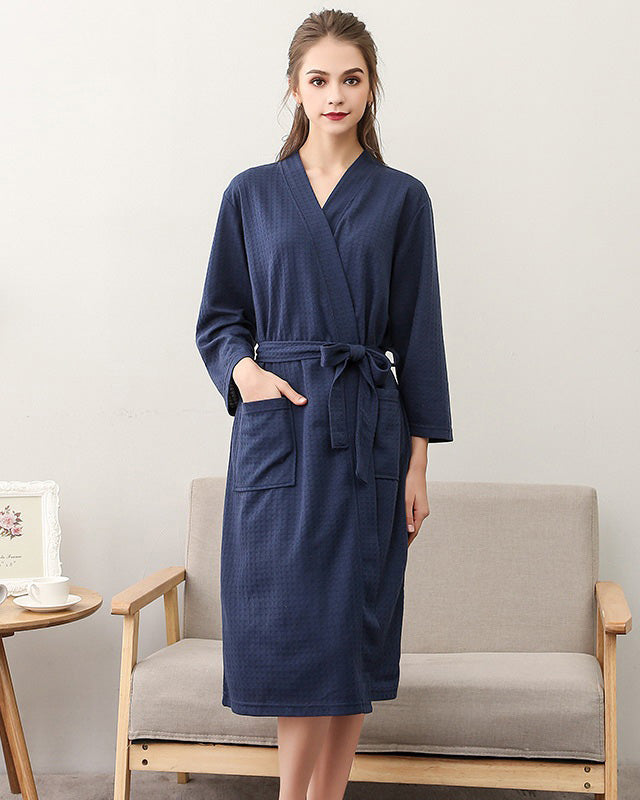 Waffle Cotton Bathrobe  Navy Blue Spa Loungewear - Product showcase