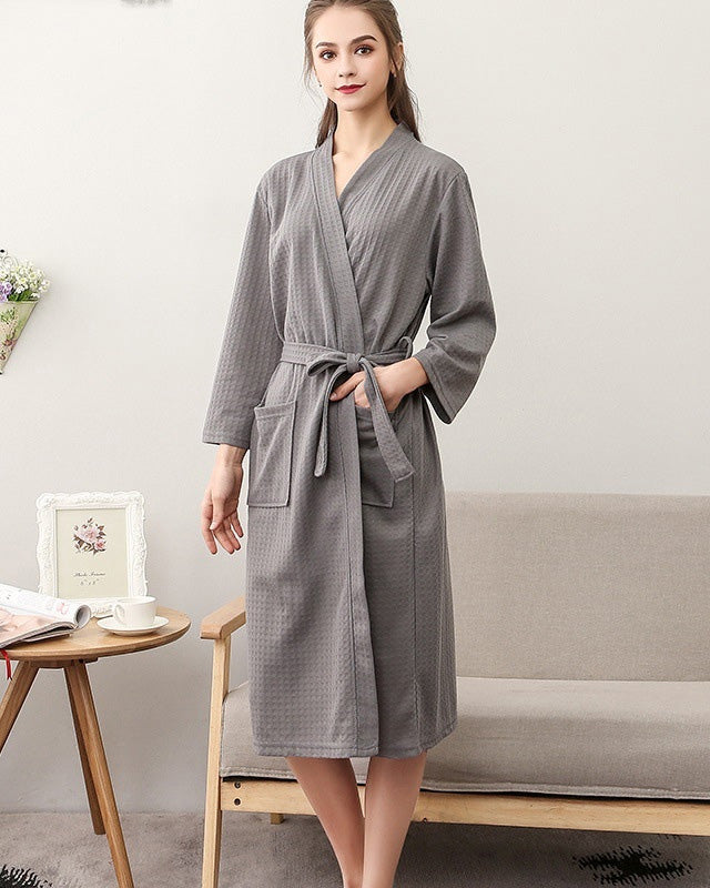 Waffle Cotton Bathrobe  Mid-Length Spa Style Grey Robe - Product showcase