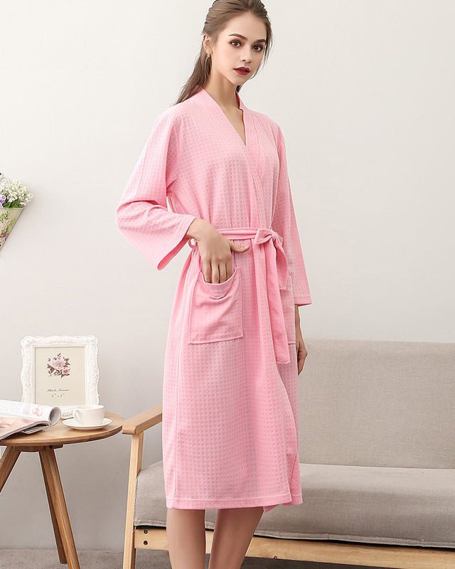 Waffle Cotton Bathrobe  Soft Pink Spa Robe with Pockets - Product showcase
