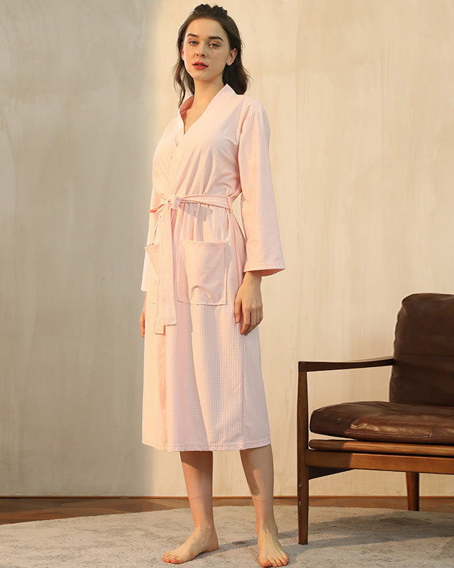 Bamboo Waffle Bathrobe  Soft Pink Long Length Robe - Product showcase