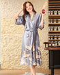 Silk Kimono Robe  Silver Grey With Flying Crane Pattern - Product showcase