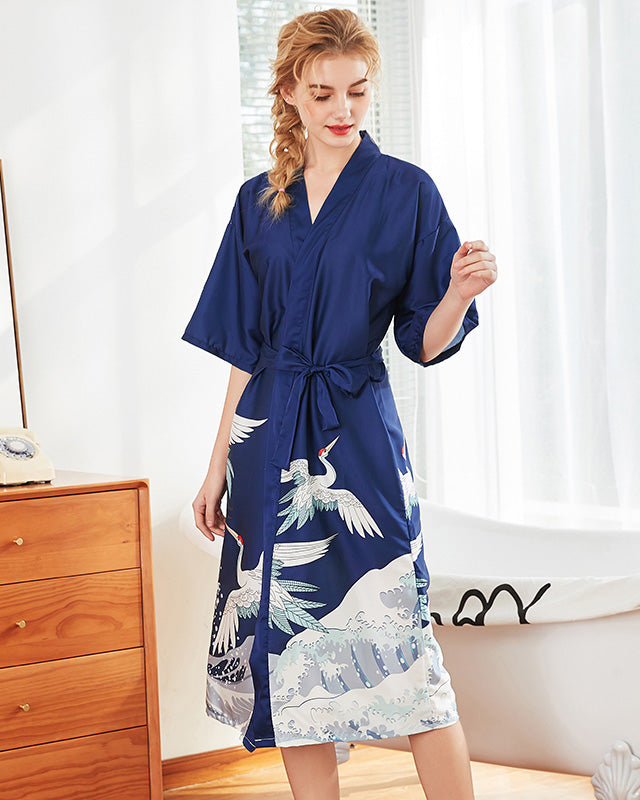 Japanese Crane Kimono Robe  Navy Satin With Wave Pattern - Product showcase