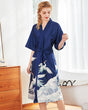 Japanese Crane Kimono Robe  Navy Satin With Wave Pattern - Product showcase