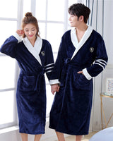 Plush Womens Bathrobe  Navy Blue With White Collar - Detailed view