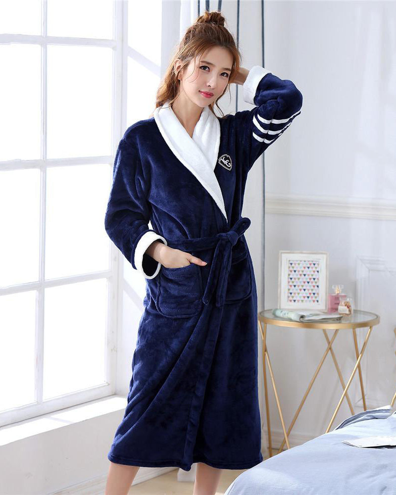 Plush Womens Bathrobe  Navy Blue With White Collar - Product showcase