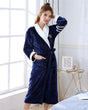 Plush Womens Bathrobe  Navy Blue With White Collar - Product showcase