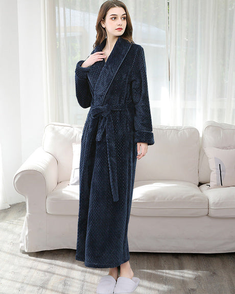 Plush Flannel Robe  Full Length Navy Blue Loungewear - Product showcase