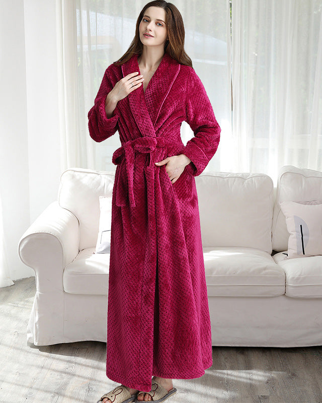 Plush Fleece Bathrobe  Full Length Burgundy Flannel - Product showcase
