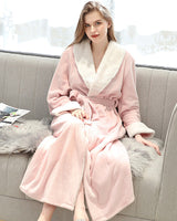 Plush Fleece Bath Robe  Full Length Pink With White Trim - Detailed view