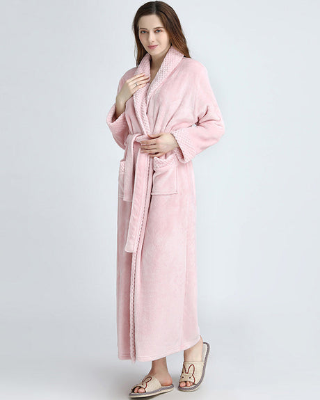 Plush Fleece Bathrobe  Full Length Pink Womens Loungewear - Product showcase