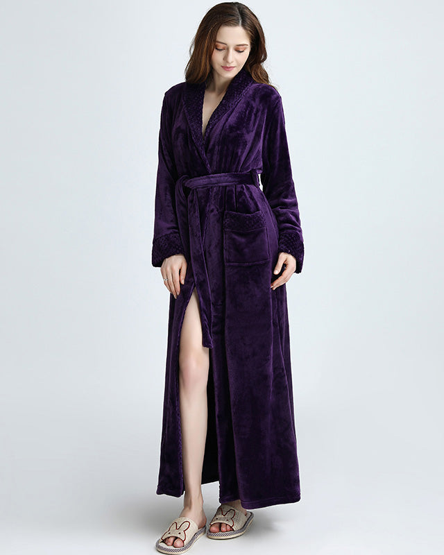 Plush Long Bathrobe  Full Length Velvet Robe in Royal Purple - Product showcase