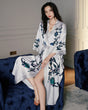 Floral Satin Robe  White Kimono With Navy Botanical Print - Product showcase